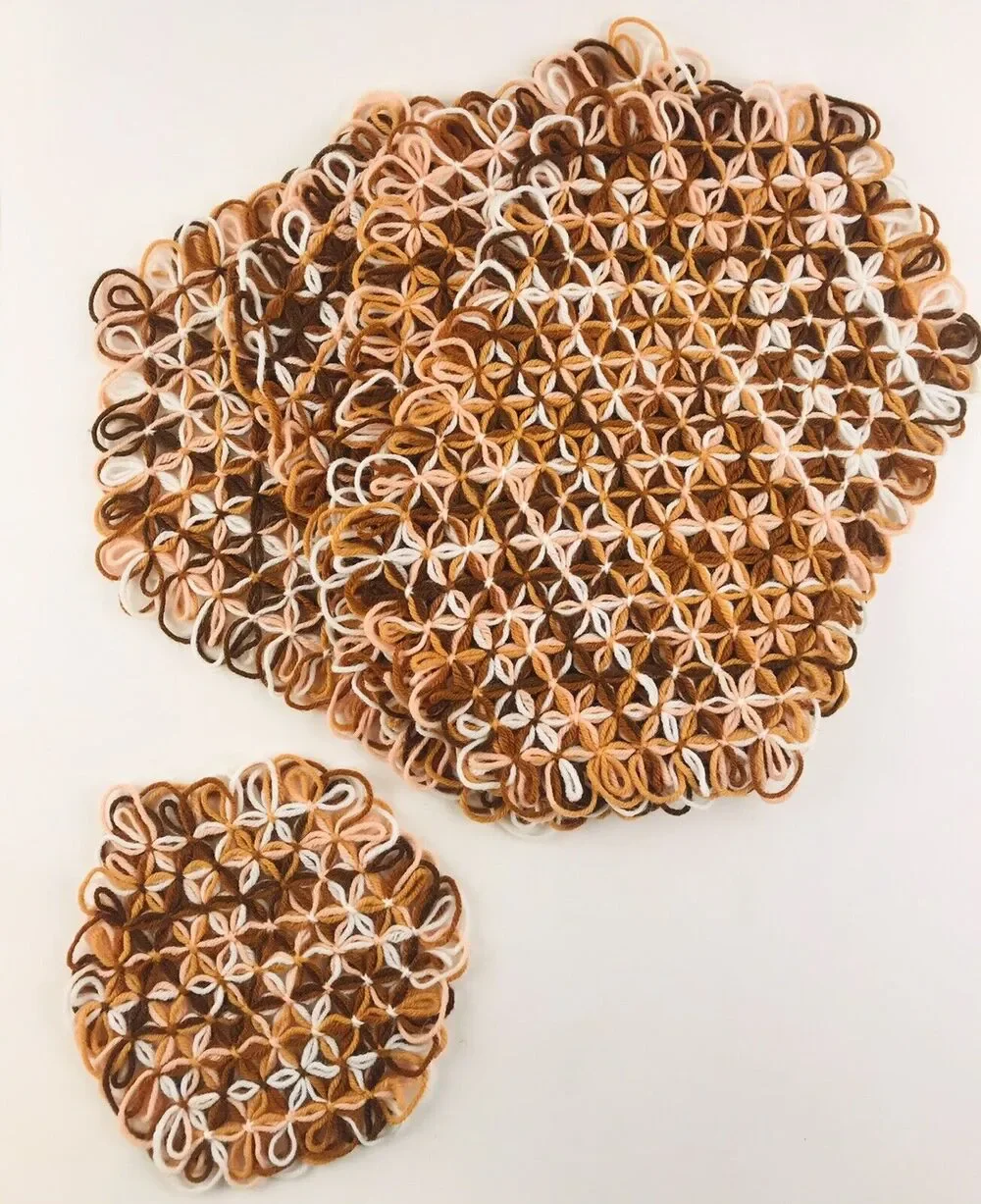 Vintage Handmade Loom Crochet Placemats Yarn Trivet Rust & Peach Colored Set 5